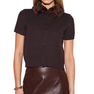 A woman wearing a dark brown short-sleeve knit cardigan with a brown faux-fur collar and a button-front closure, paired with a brown faux-leather skirt, against a plain white background.