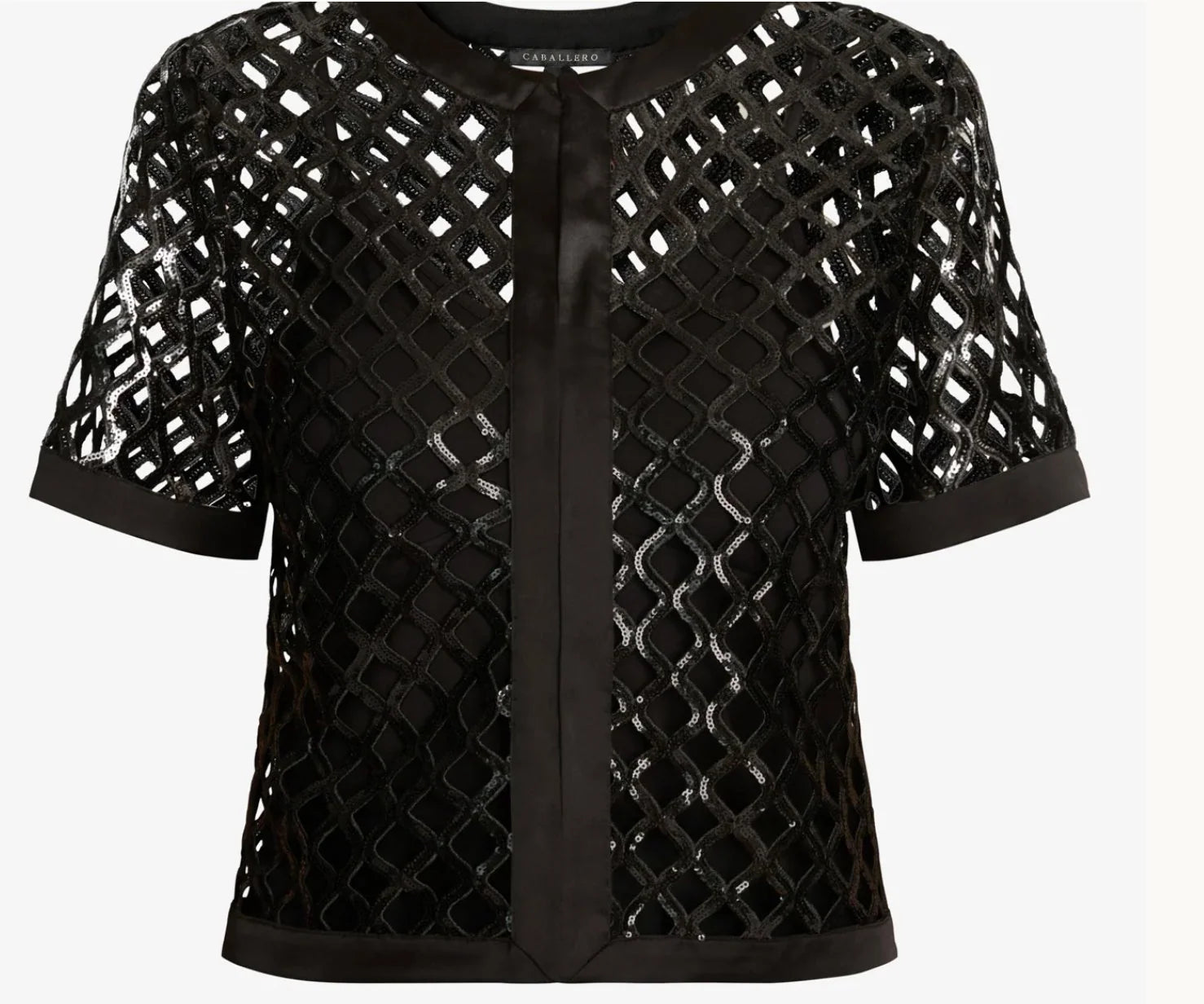 A black short-sleeve cropped jacket featuring an open lattice mesh pattern with a central satin tie detail and a matching satin hem, shown against a plain white background.