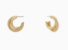 A pair of gold-toned twisted cable hoop earrings shown on a plain light gray background, with one earring facing forward and the other angled to show the side and post.