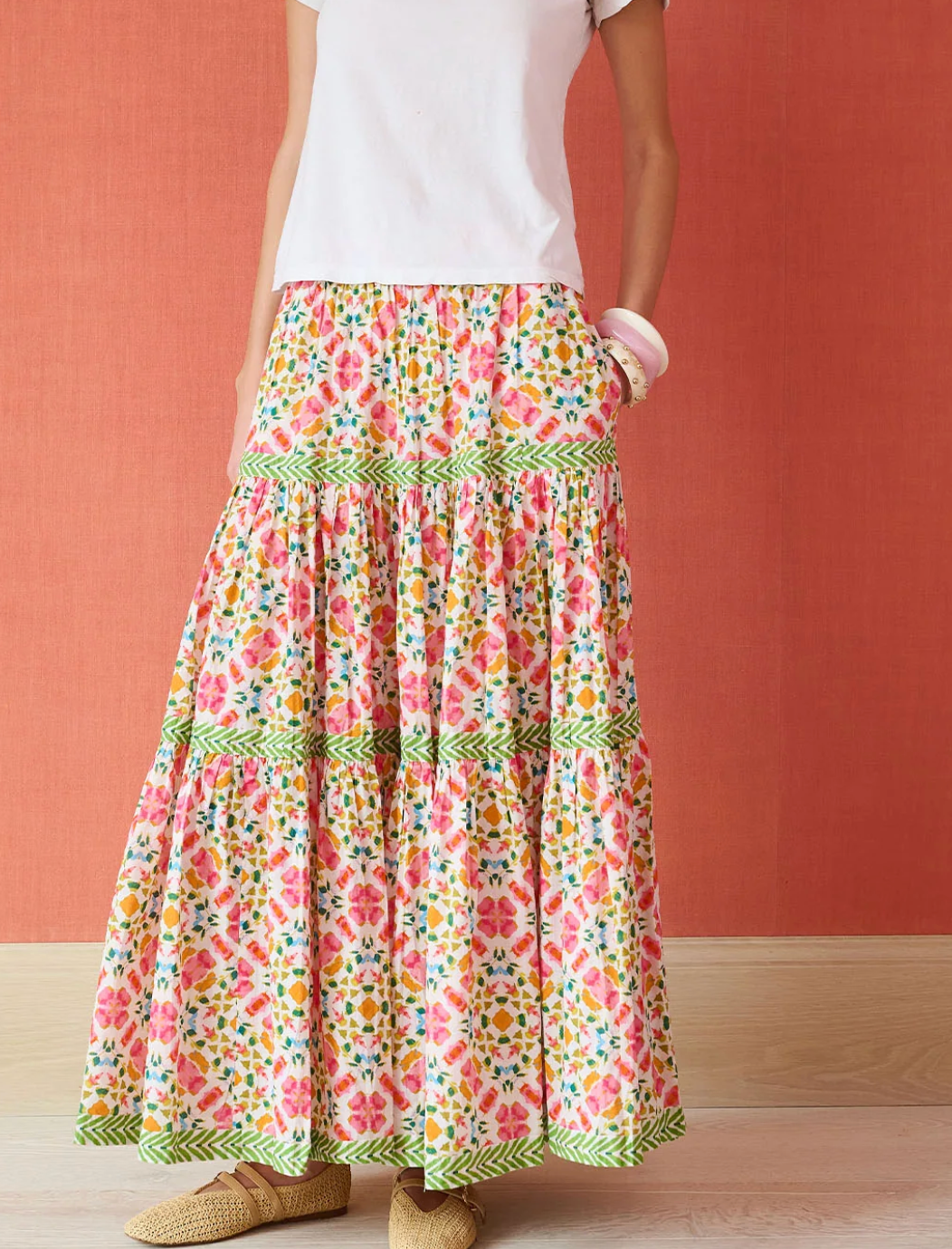 Person wearing a colorful floral skirt with a plain background