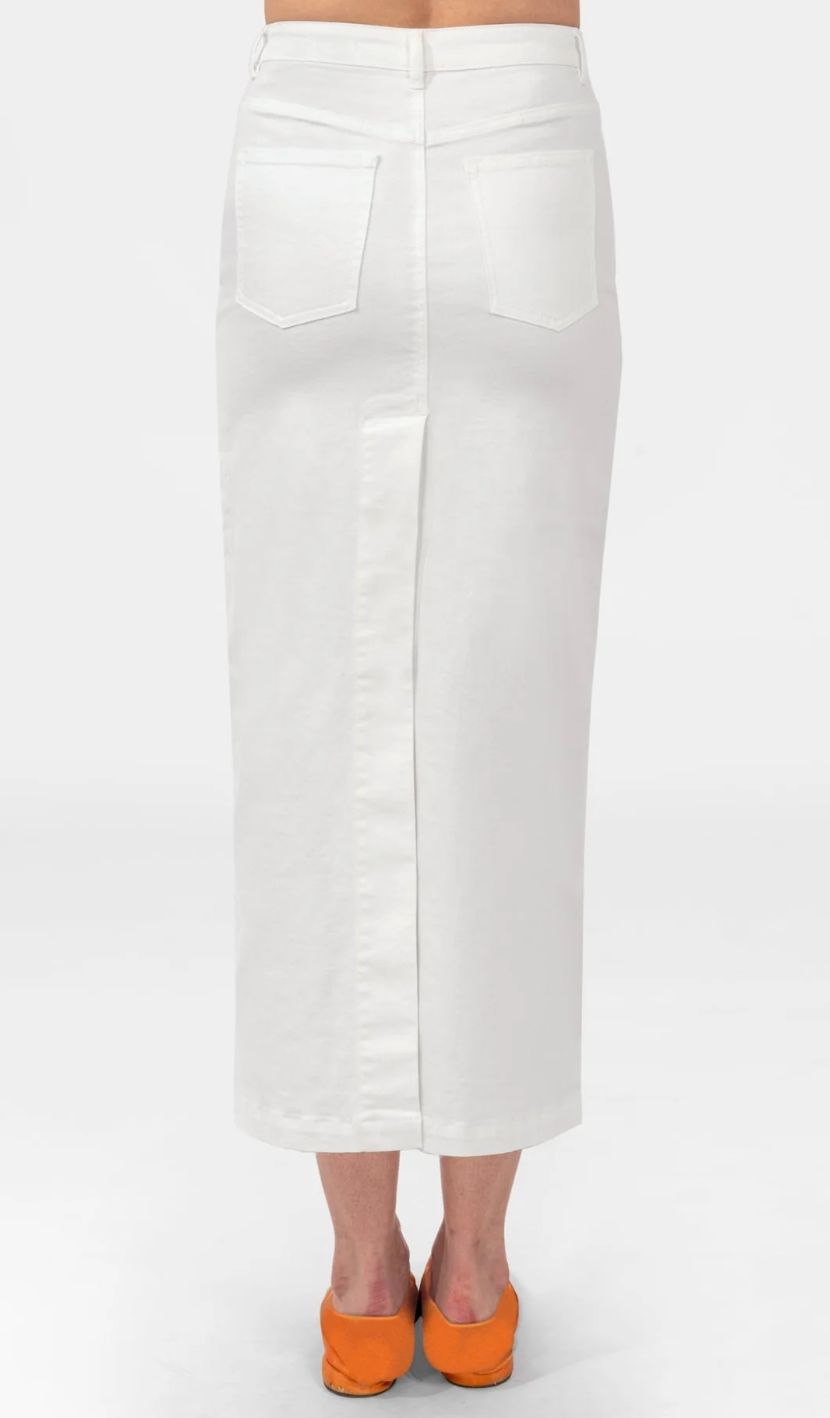 White pants worn by a person on a white background