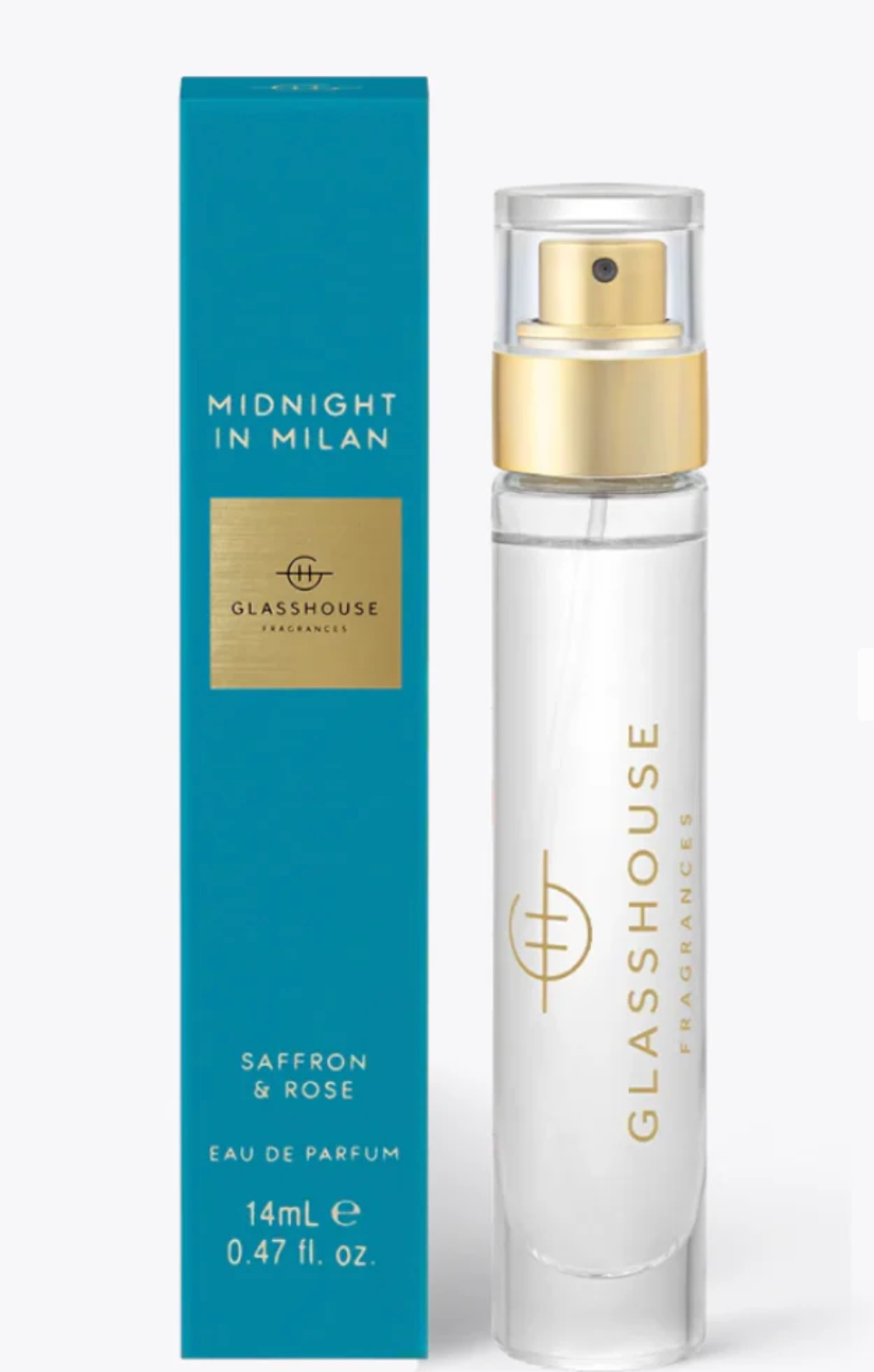 Glasshouse perfume bottle and packaging with 'Midnight in Milan' and 'Saffron & Rose' text on a white background.
