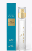 Glasshouse perfume bottle and packaging with 'Midnight in Milan' and 'Saffron & Rose' text on a white background.