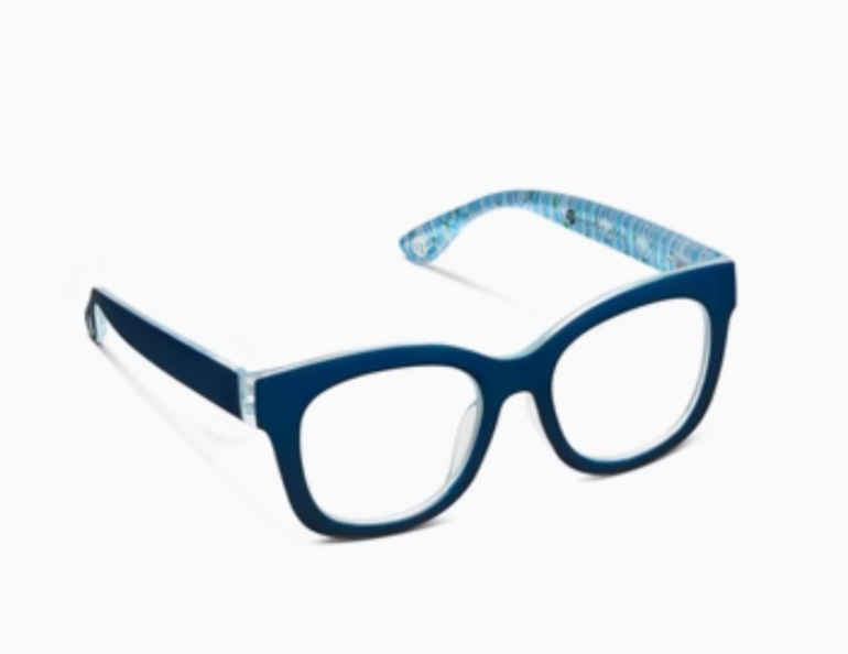 Blue eyeglasses with a patterned bridge on a white background