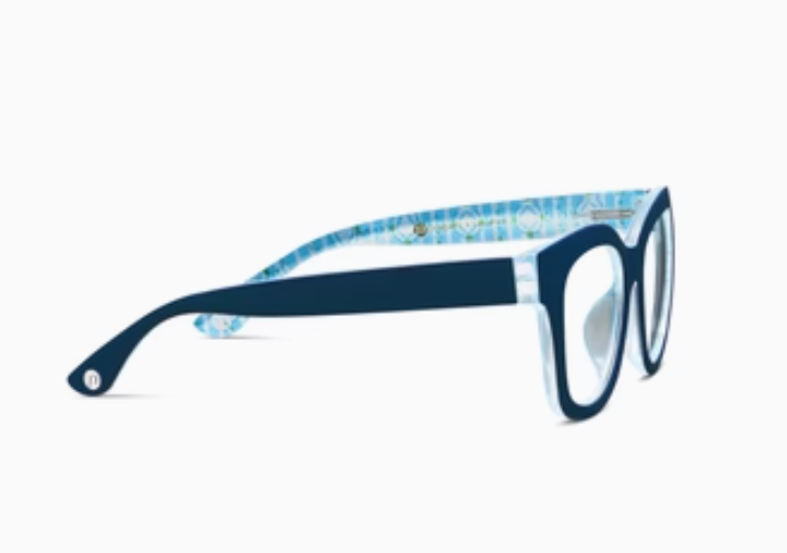 Blue eyeglasses with a patterned bridge on a white background