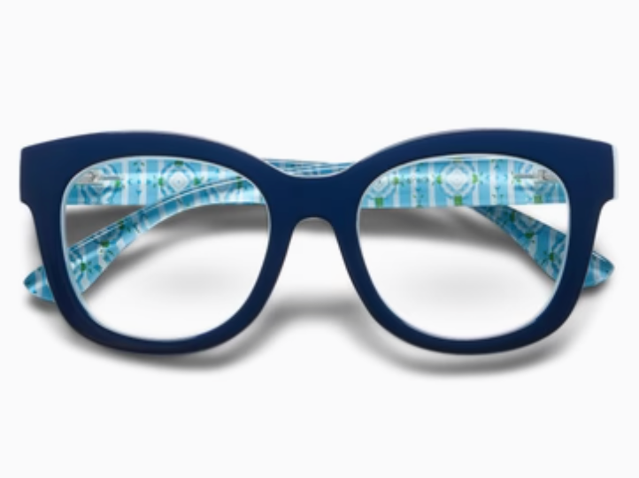 Blue eyeglasses with floral patterned interior on a white background