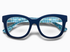 Blue eyeglasses with floral patterned interior on a white background