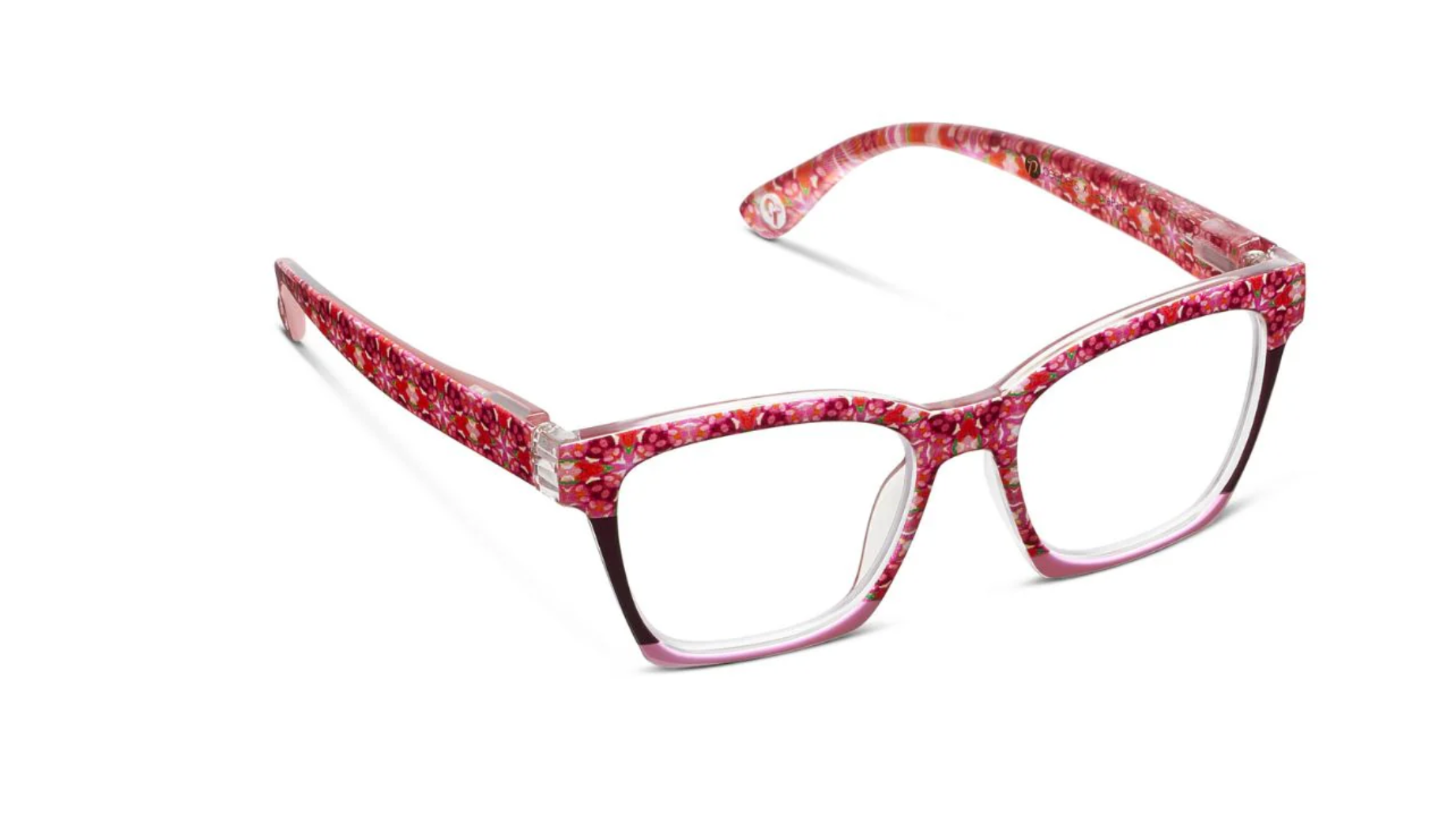 Red floral-patterned eyeglasses on a white background