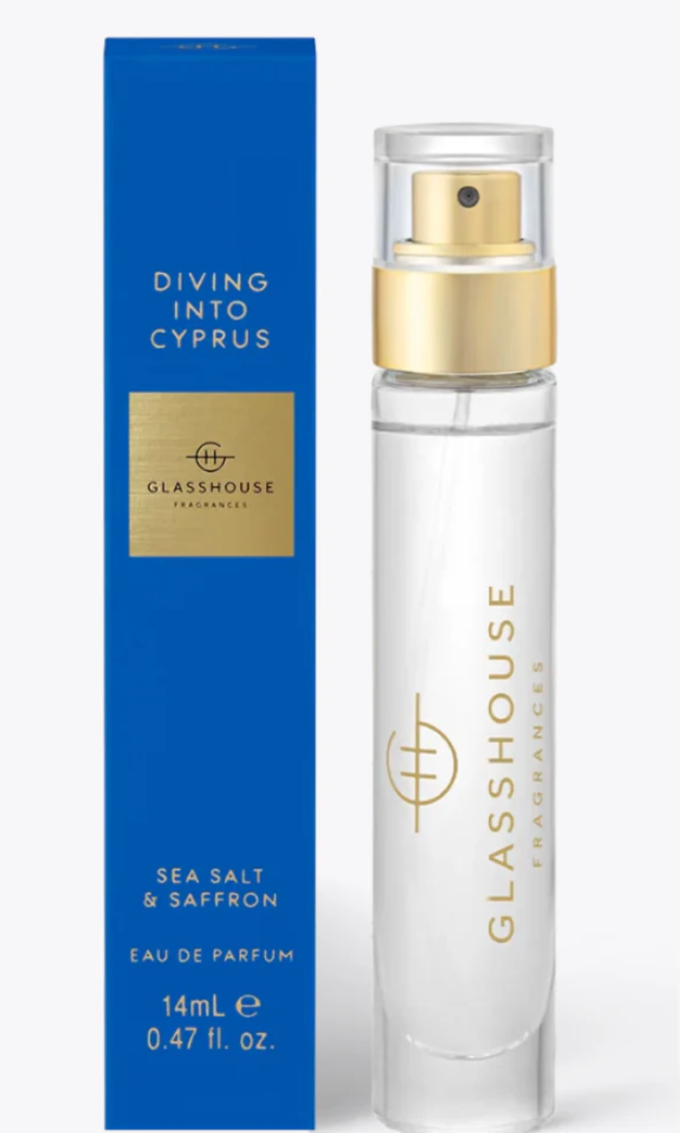Glasshouse perfume bottle and packaging with 'Diving into Cyprus' description.