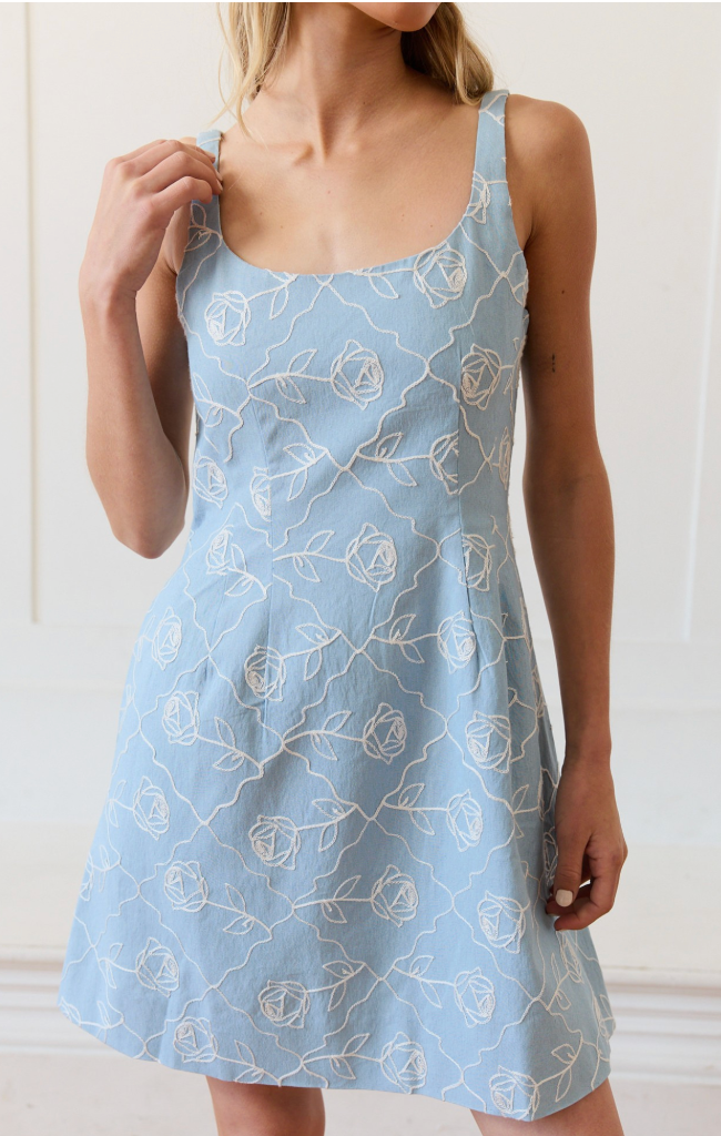 Woman wearing a light blue dress with floral patterns against a white background