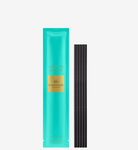 Teal packaging with black sticks on a white background
