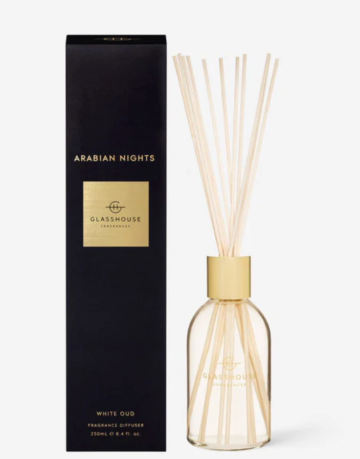 Glasshouse Parfums Arabian Nights White Oud diffuser with packaging on a white background