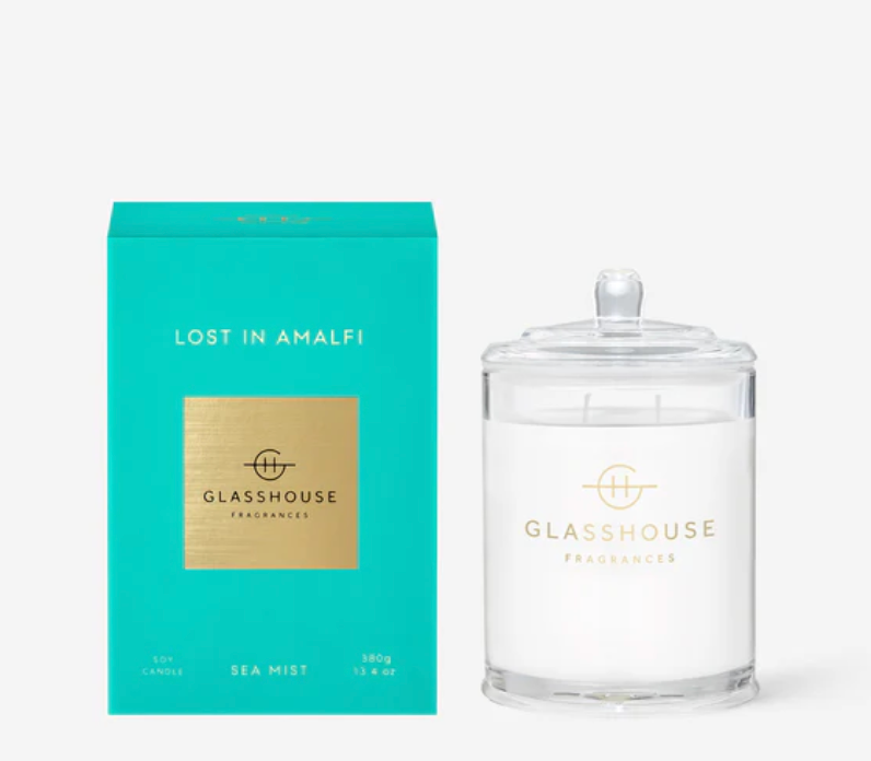 Glasshouse Fragrances candle and packaging on a white background
