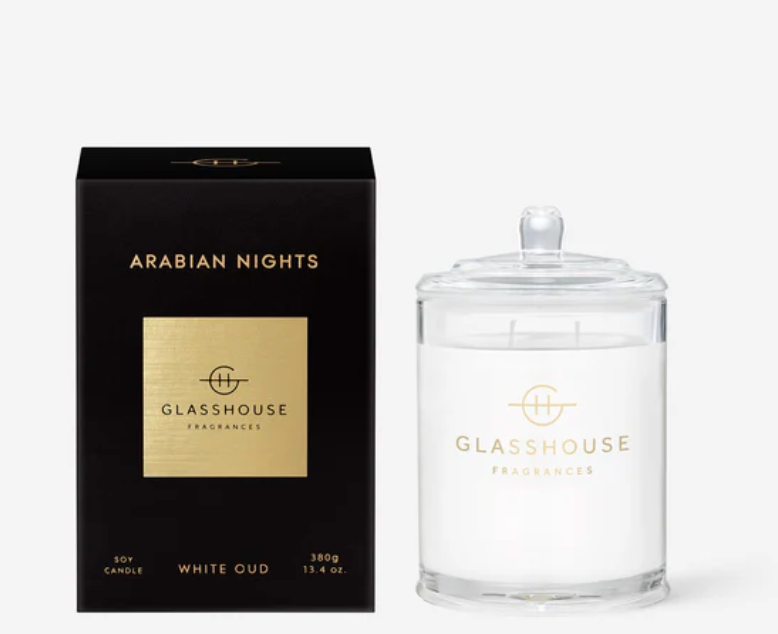 Glasshouse Fragrances Arabian Nights candle and packaging on a white background
