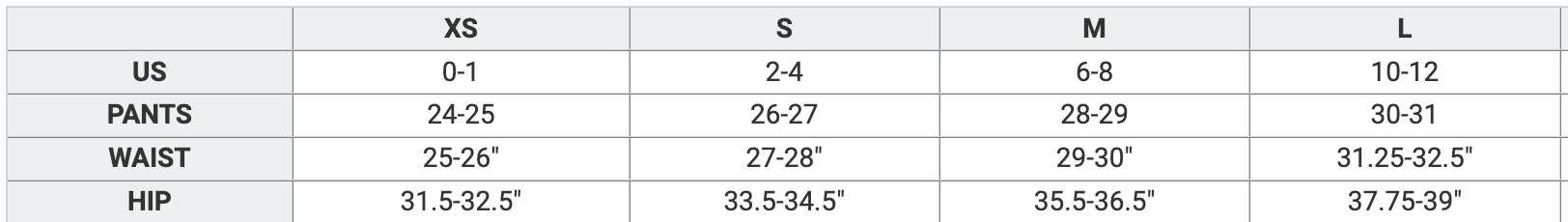 A size chart table showing measurements for US, S, M, and L sizes, with columns for pants, waist, and hip in centimeters and inches.