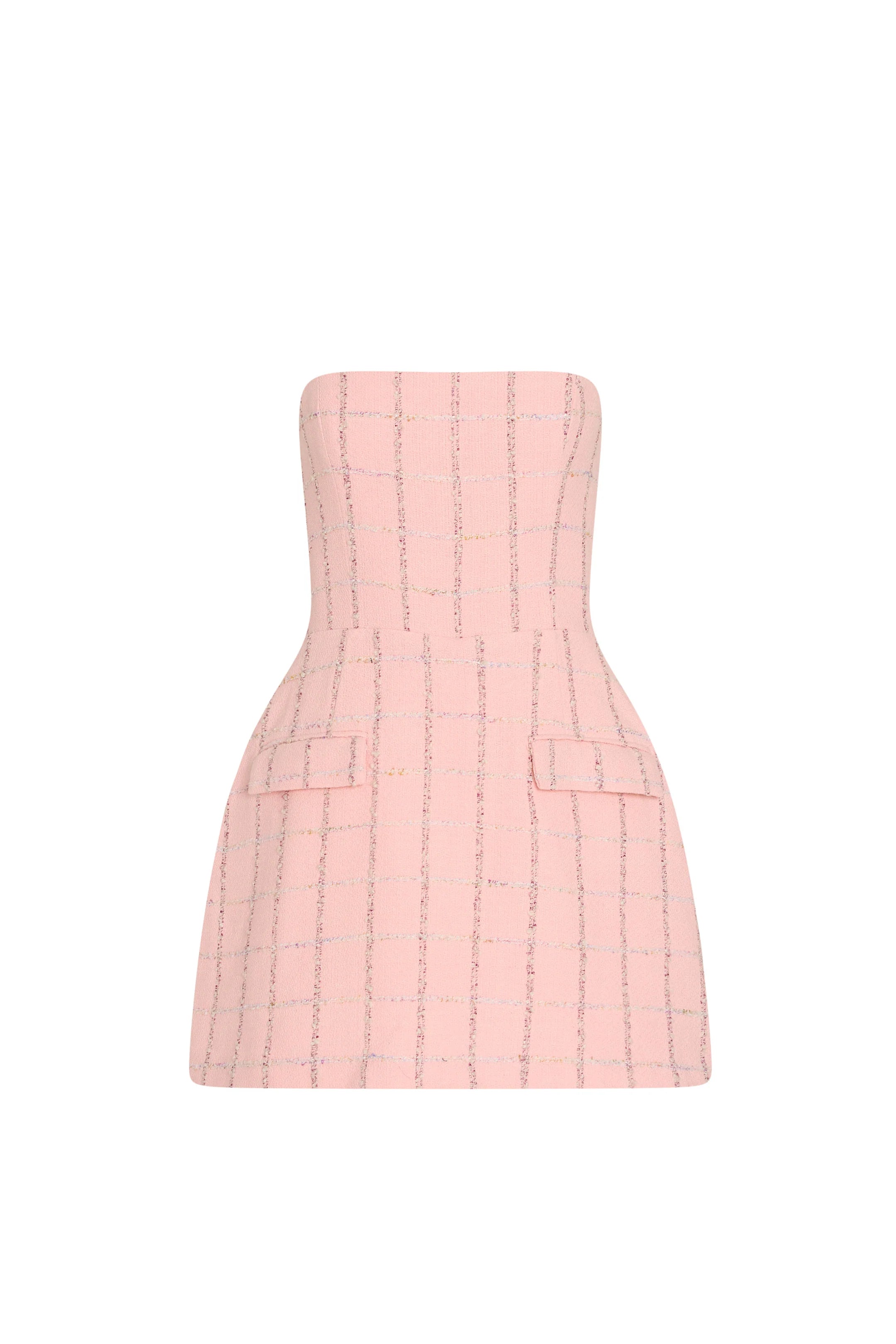 Pink strapless dress with a textured pattern on a white background