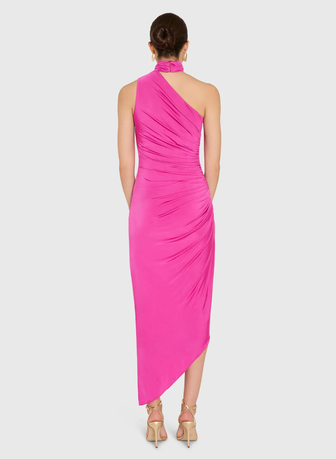 Pink one-shoulder dress on a white background