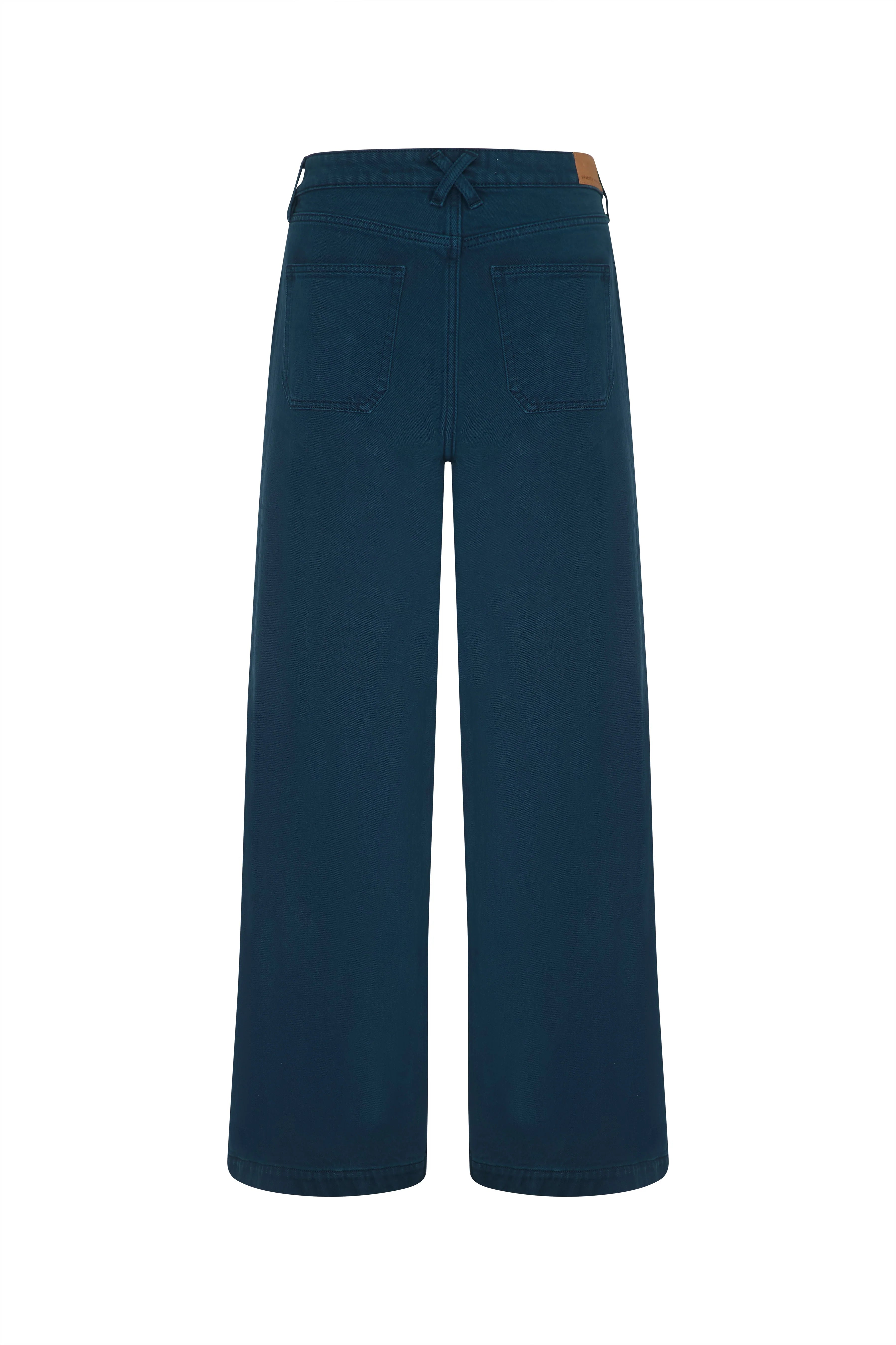 A pair of dark teal wide-leg cropped pants shown from the back against a plain white background.