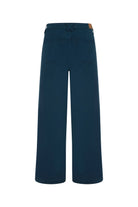 A pair of dark teal wide-leg cropped pants shown from the back against a plain white background.