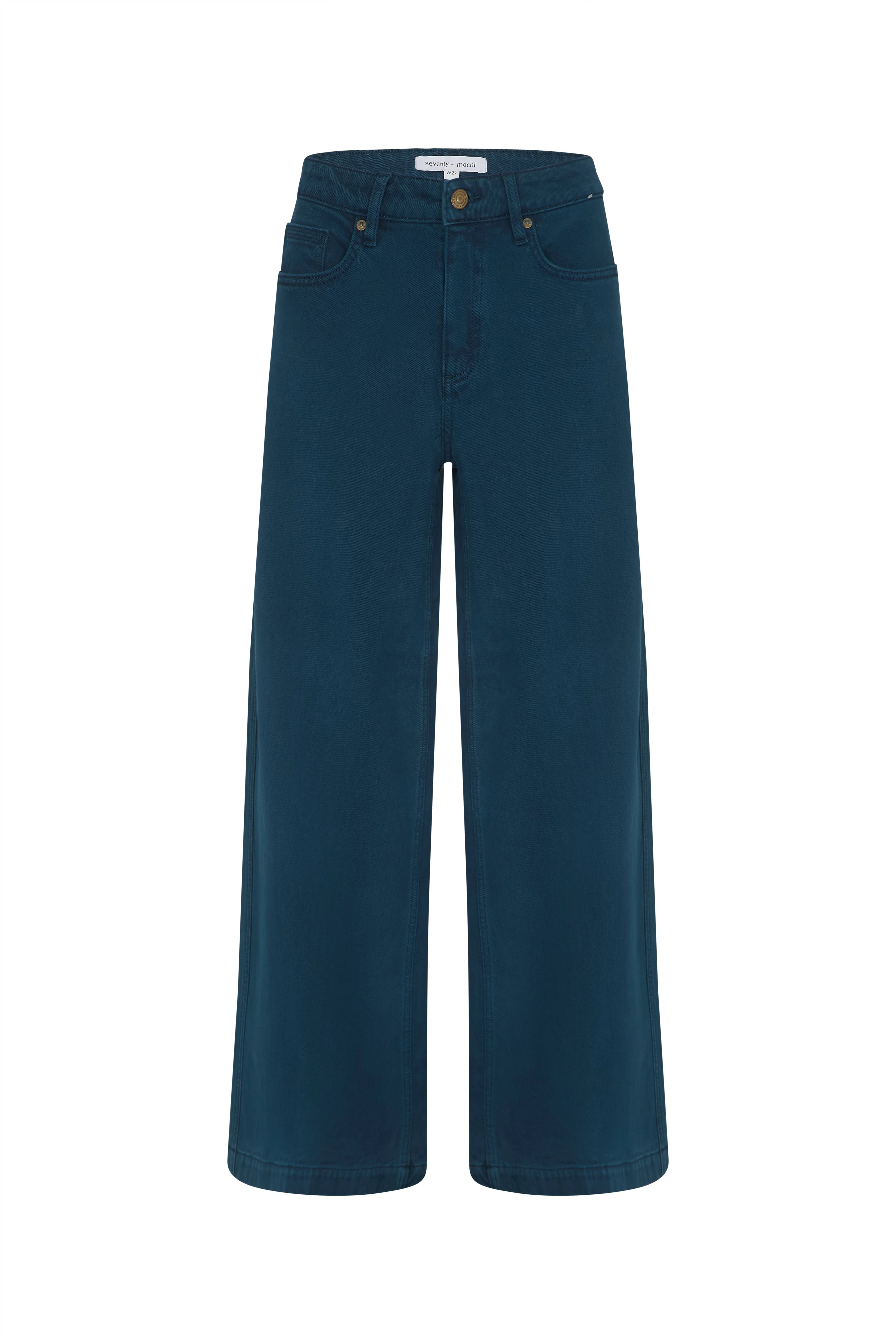A pair of dark teal wide-leg denim pants shown flat against a solid white background.