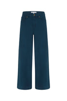 A pair of dark teal wide-leg denim pants shown flat against a solid white background.