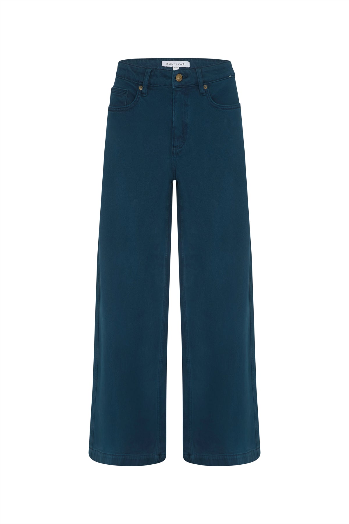 A pair of dark teal wide-leg denim pants shown flat against a solid white background.