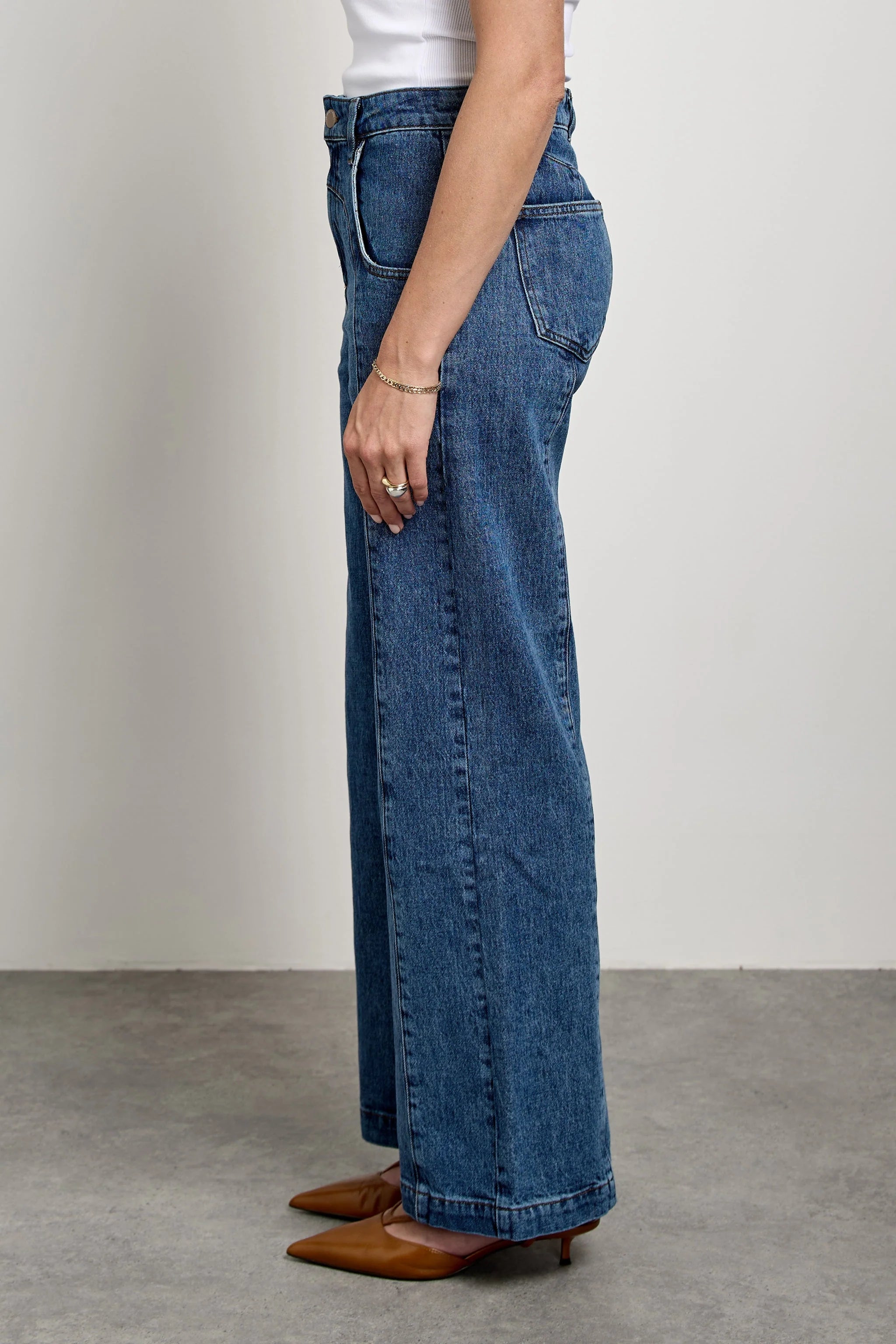 A side-profile view of a person wearing high-waisted, wide-leg blue denim jeans with brown pointed-toe heels against a neutral studio background.