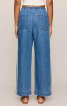 Blue denim wide-leg pants worn by a person on a plain background