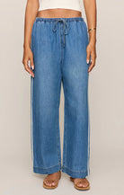 Blue denim wide-leg pants worn by a person on a plain background
