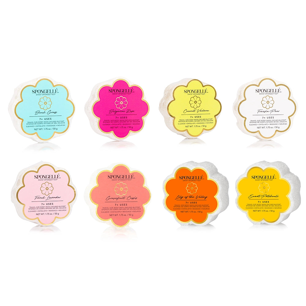 Set of eight Spongelle daisy spongettes with colorful labels on a white background