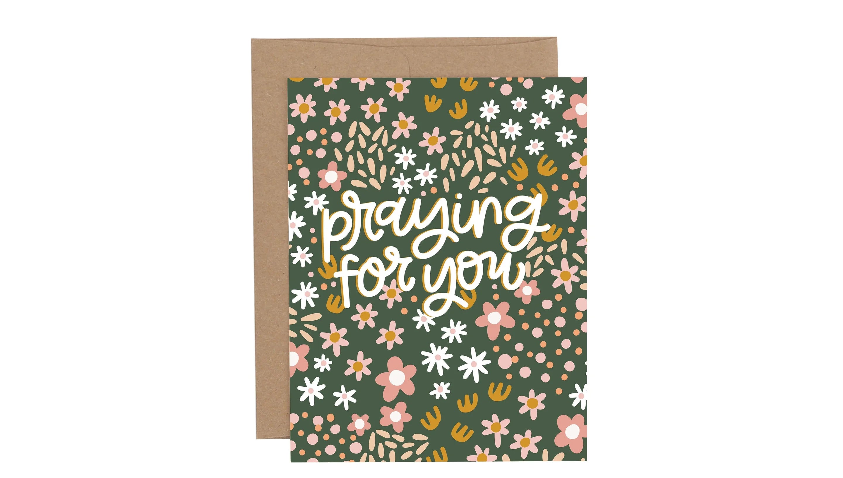 Greeting card with floral design and 'praying for you' text on a white background