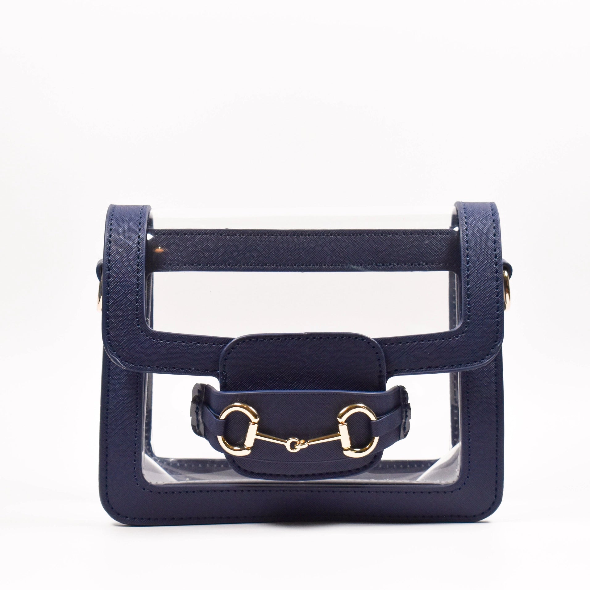navy clear purse with gold horsebit detail