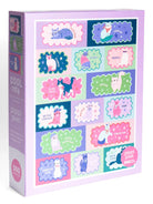 Box of stickers with colorful designs and text on a white background