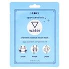 A light blue single-use sachet of spa•scentsials 'water' element essence facial mask, featuring astrological icons for Cancer, Scorpio, and Pisces.