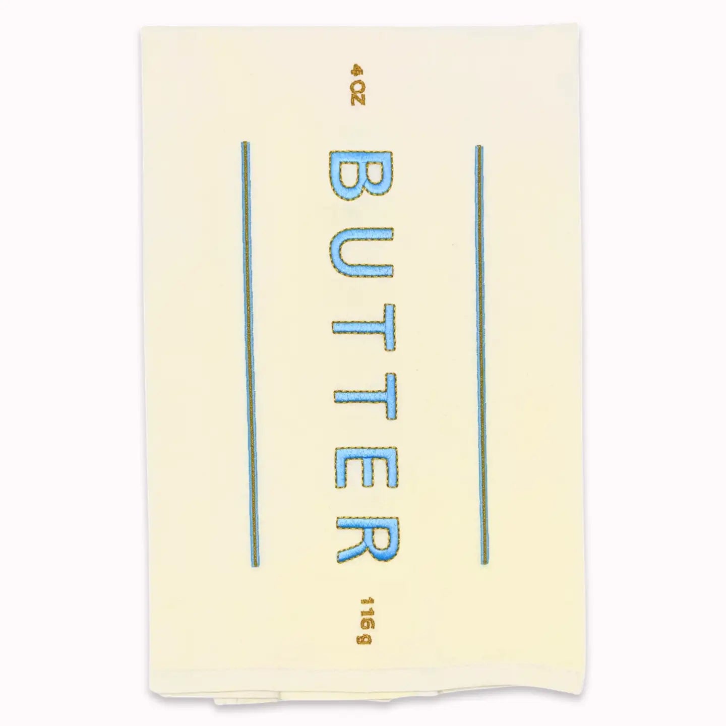 A cream-colored paper butter wrapper or label with blue text reading 'BUTTER' and small gold text reading '4 oz' and '116 g', shown on a plain white background.