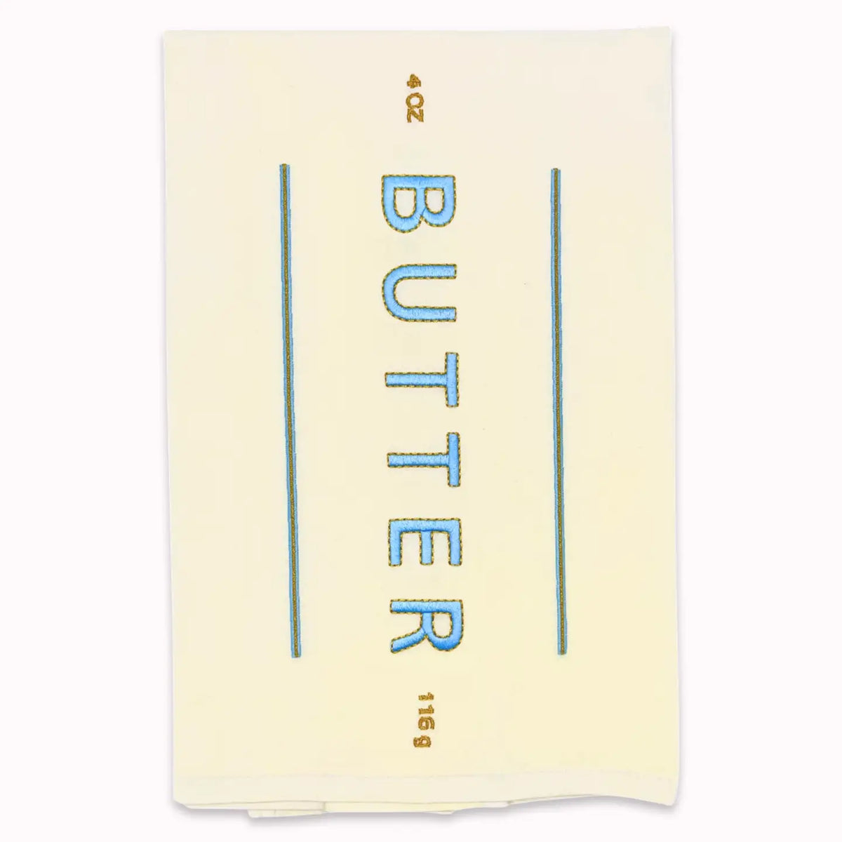 A cream-colored paper butter wrapper or label with blue text reading 'BUTTER' and small gold text reading '4 oz' and '116 g', shown on a plain white background.