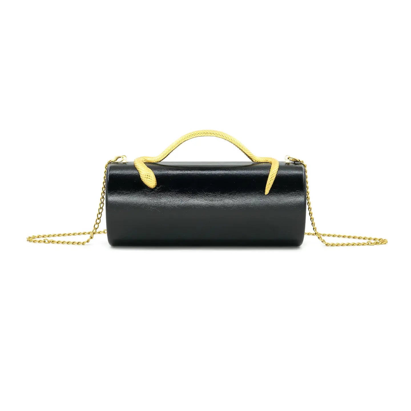 A black leather cylindrical handbag with a gold top handle and gold chain strap, shown against a plain white background.