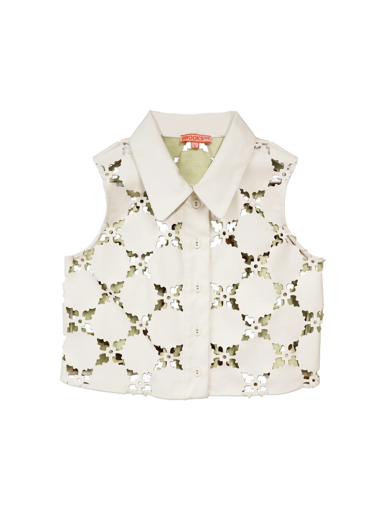 White sleeveless shirt with floral pattern on a white background