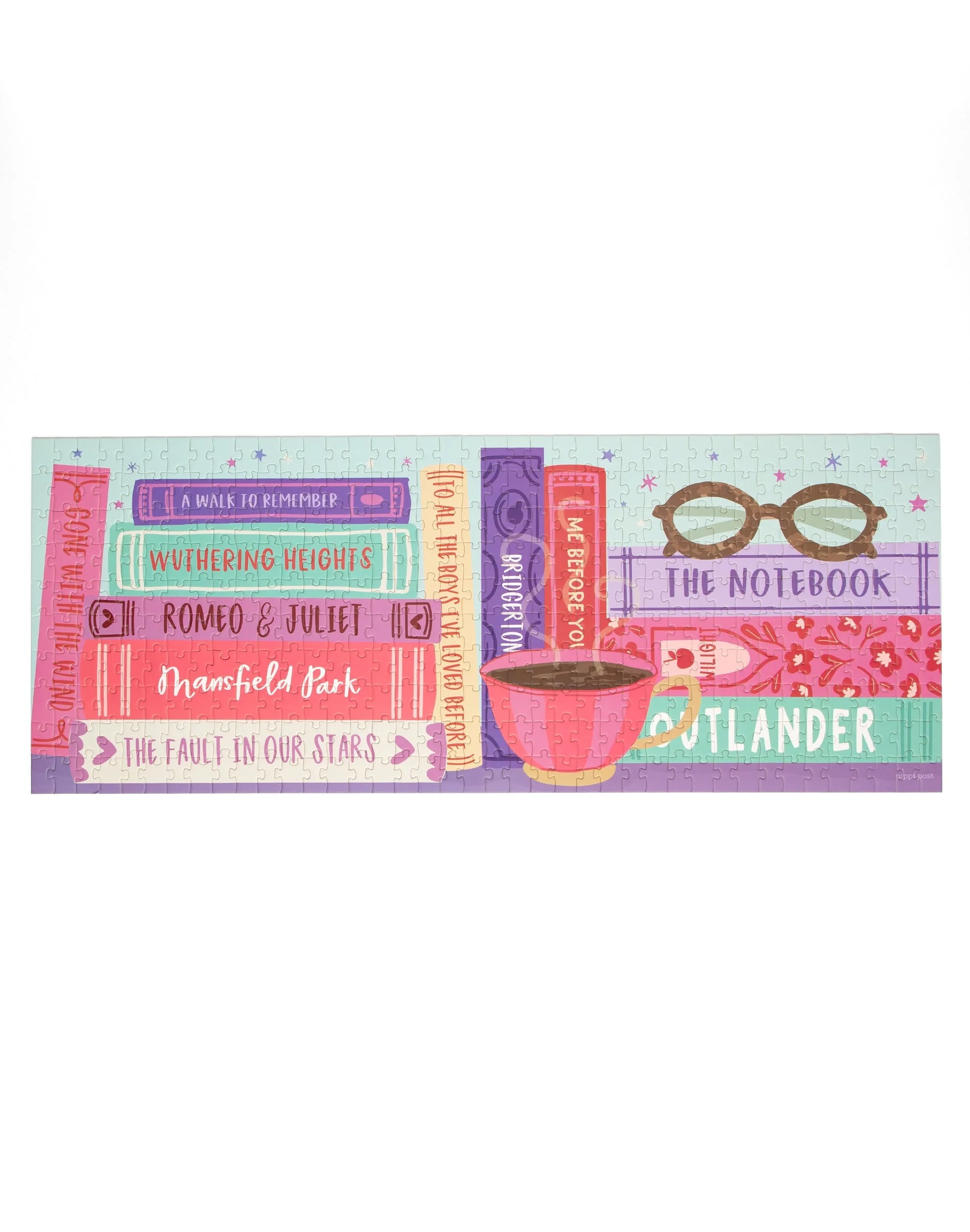 Puzzle of bookshelf with books, a cup, and glasses on a white background