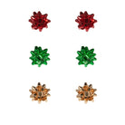 Set of festive earrings with red, green, and gold bows on a branded card.