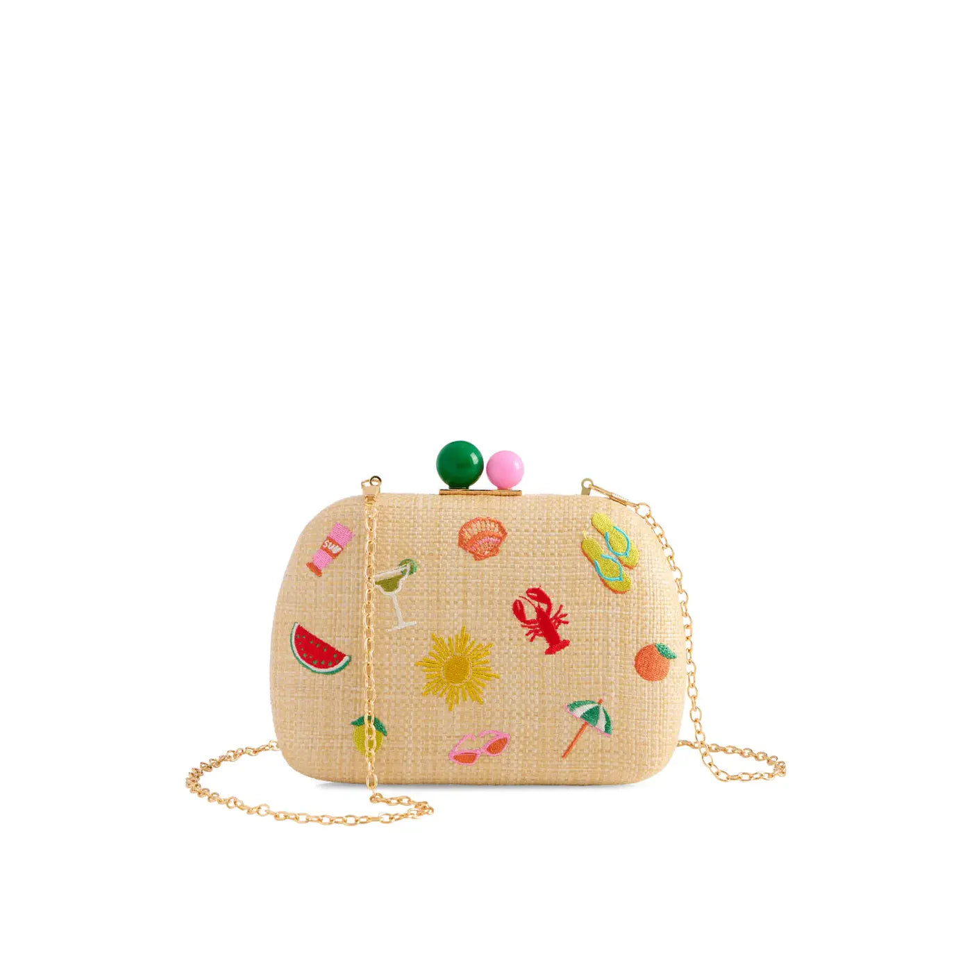 Woven handbag with colorful embroidered designs on a white background