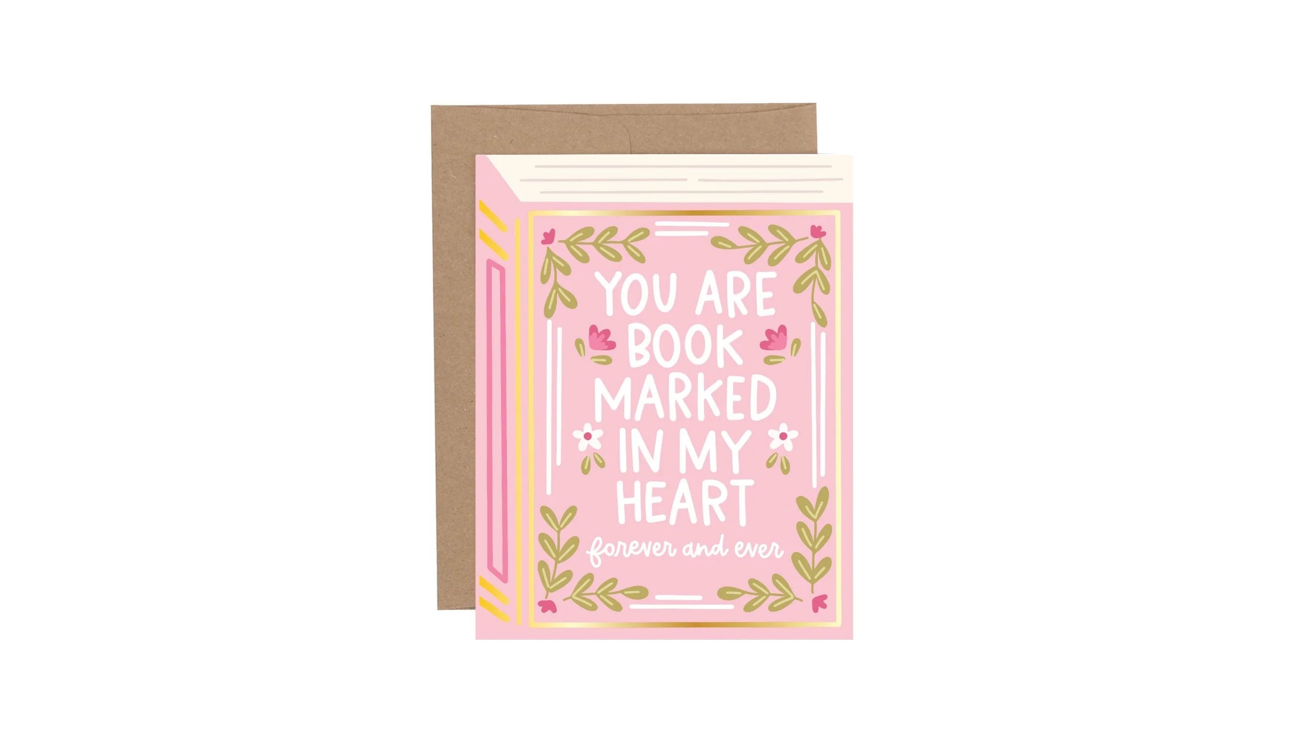 Greeting card with text 'You are book marked in my heart' on a white background