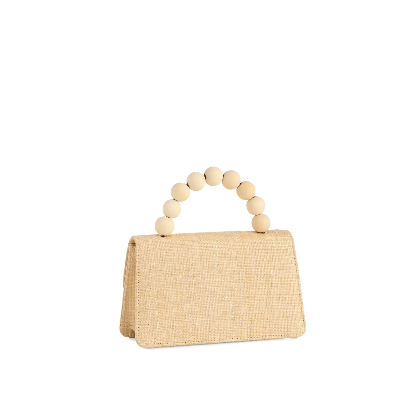 Beige handbag with wooden bead handle on a white background