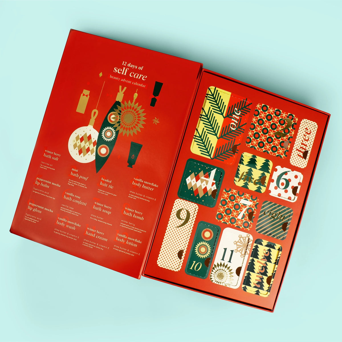 Red advent calendar with self-care items on a light blue background