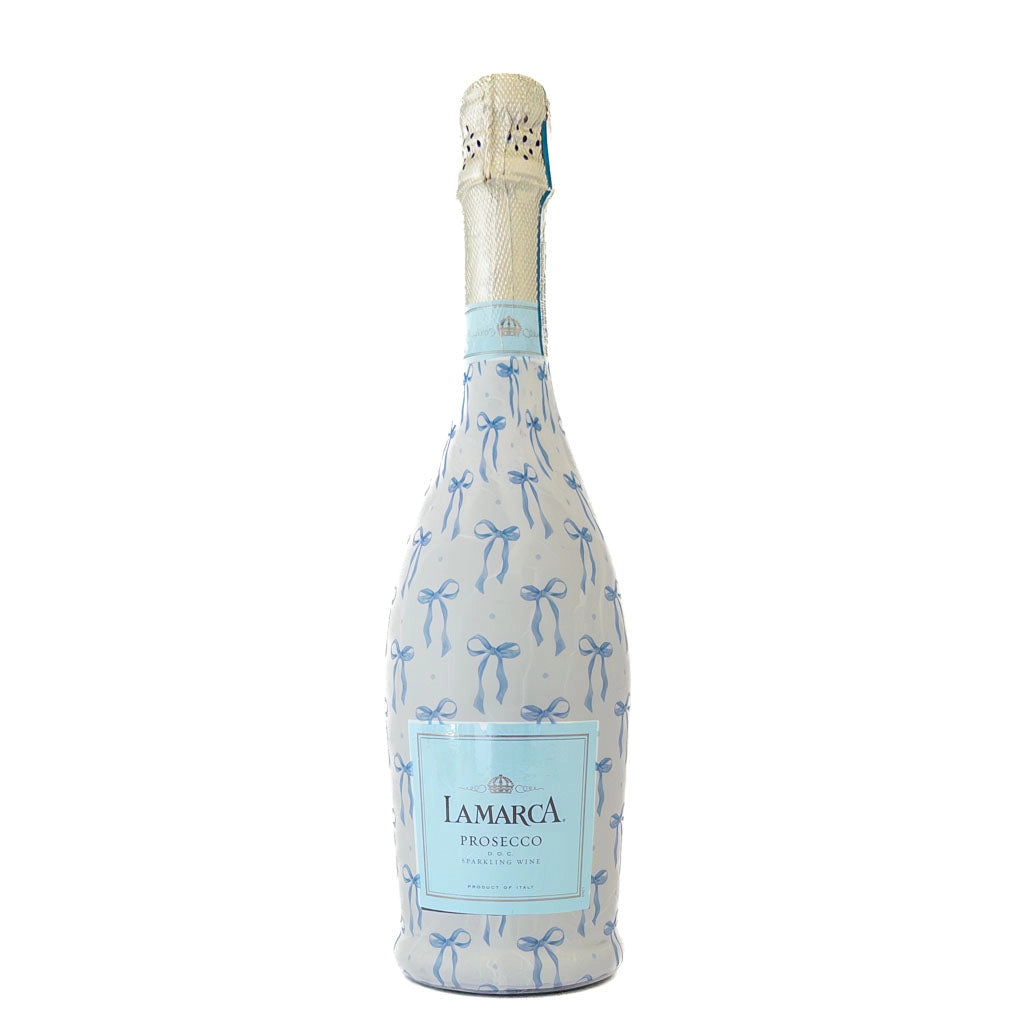 Bottle of L Amarça Prosecco with decorative ribbons on a white background