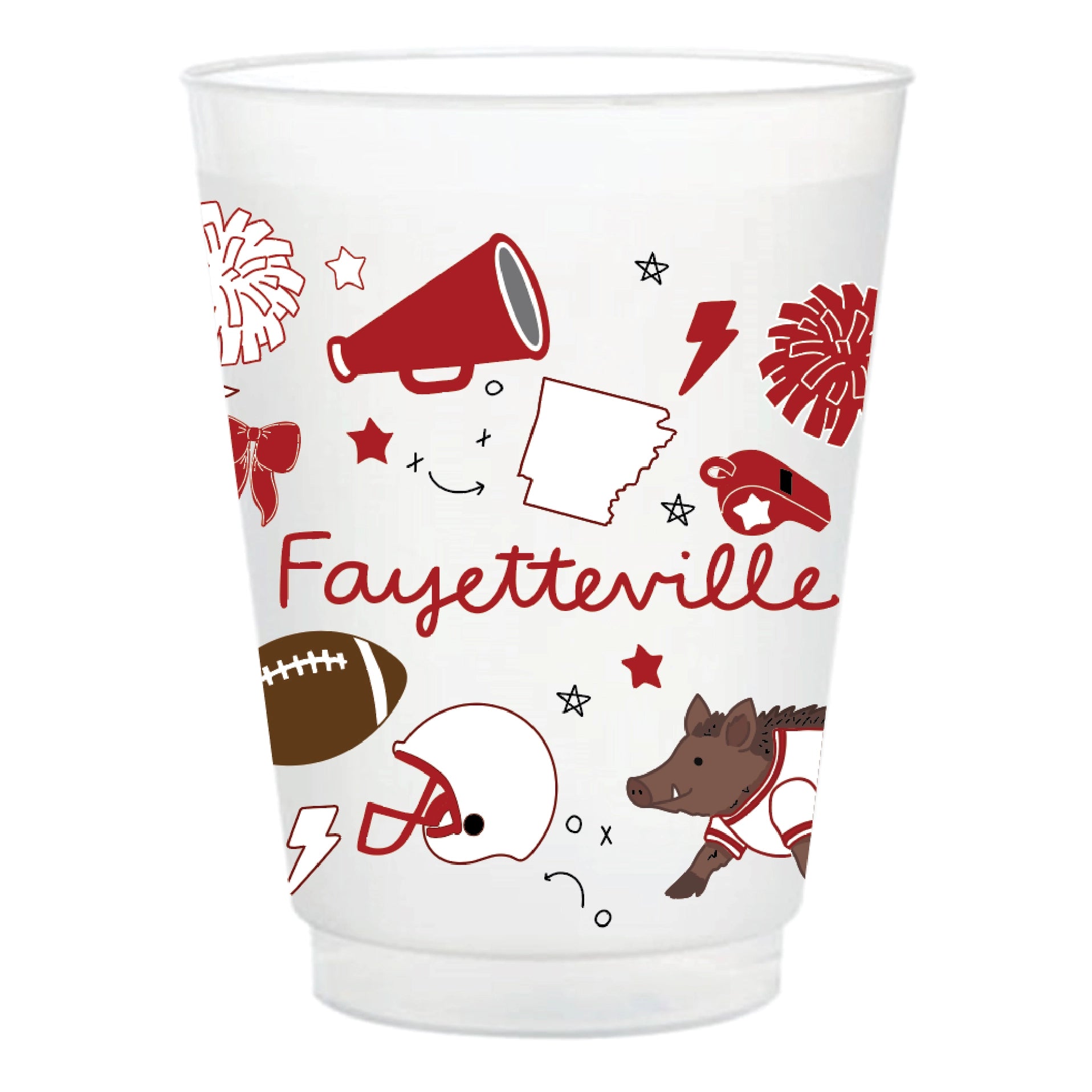 A clear plastic party cup featuring University of Arkansas collegiate football-themed illustrations, including a megaphone, football, helmet, wild horse, stars, and the word 'Fayetteville' in red script.