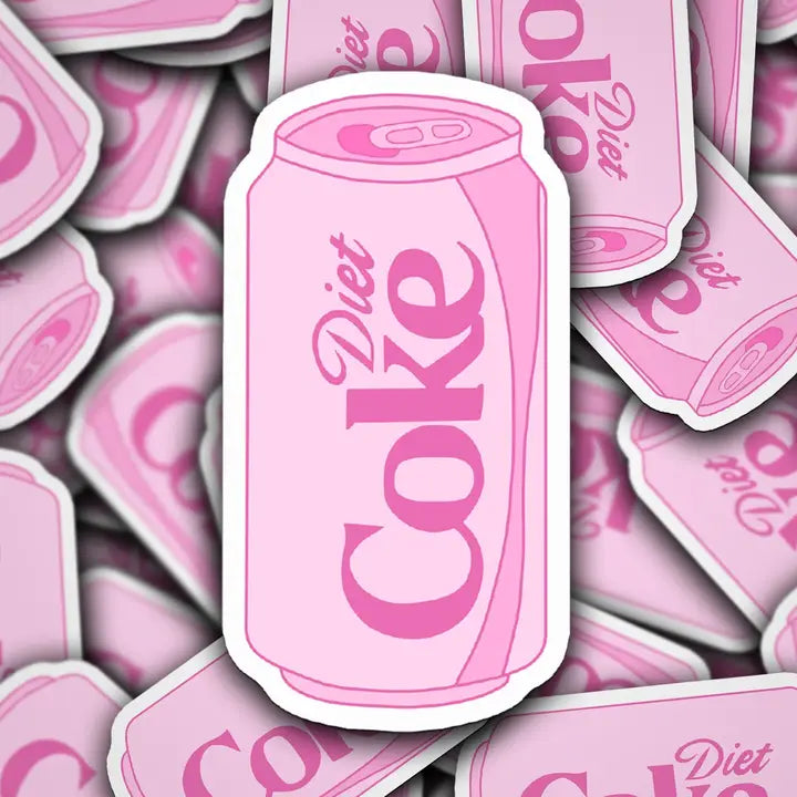 Pink 'Diet Coke' can stickers on a pile of similar stickers