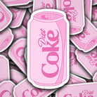 Pink 'Diet Coke' can stickers on a pile of similar stickers