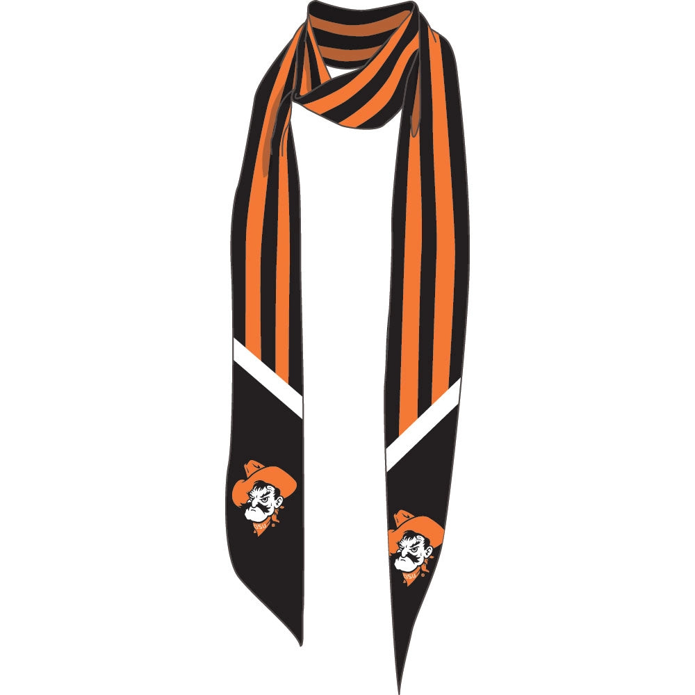 Black and orange striped scarf with logo on a white background