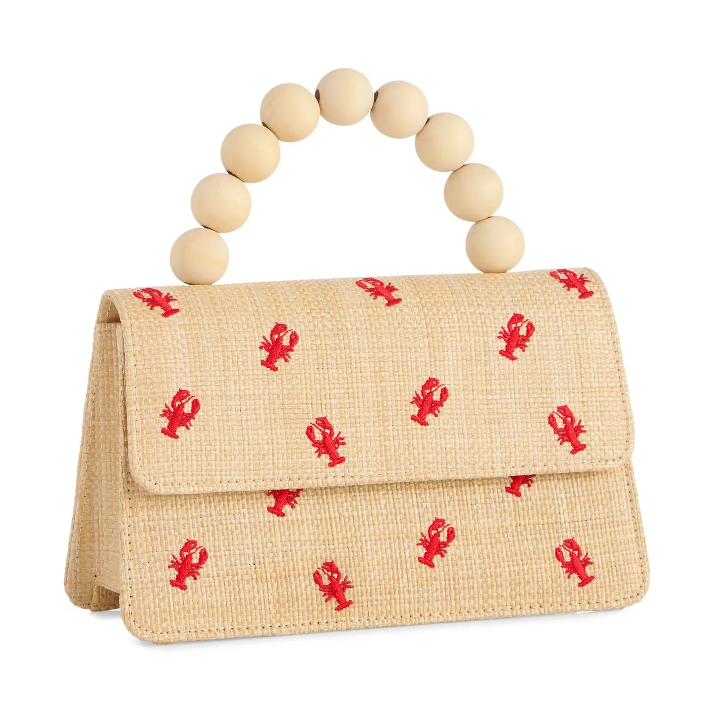 Woven handbag with red lobster pattern and wooden handle on a white background